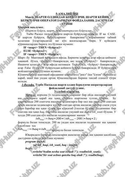 turbo pascalda shartli bujruqlar — DOCX