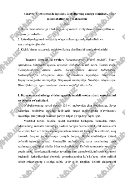 bozor munosabatlariga o’tishning milliy modeli: evolyutsiyasi, xususiyatlari va ustuvor yo’nalishlari — DOCX