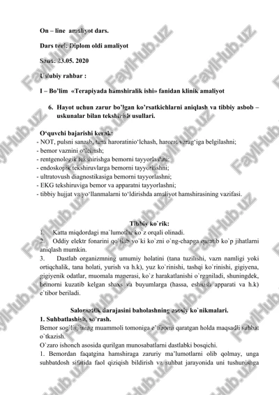 hayot uchun zarur bo’lgan ko’rsatkichlarni aniqlash va tibbiy asbob – uskunalar bilan tekshirish usullari — DOCX