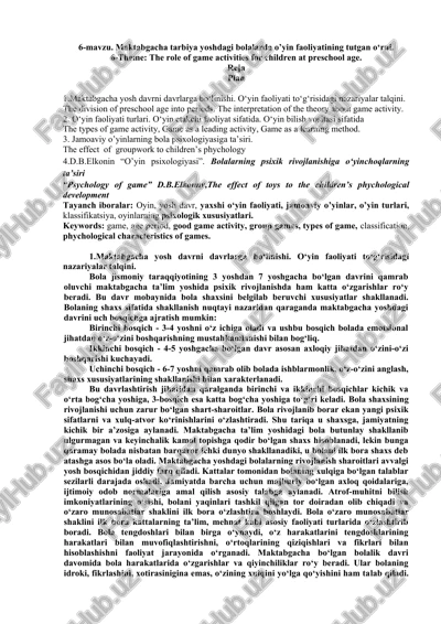 maktabgacha yoshdagi bolalarda o’yin faoliyatining tutgan o‘rni — DOC