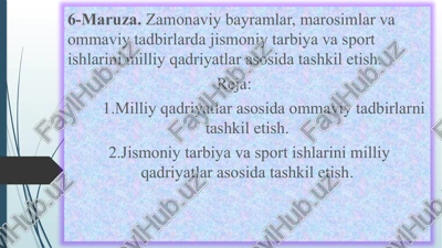 zamonaviy bayramlar, marosimlar va ommaviy tadbirlarda jismoniy tarbiya va sport ishlarini milliy qadriyatlar asosida tashkil etish — PPTX
