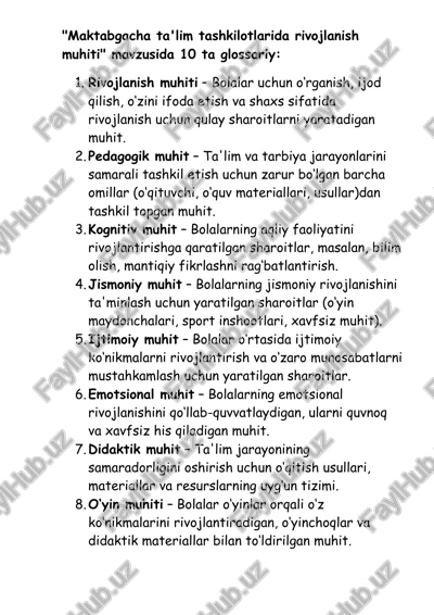 maktabgacha ta'lim tashkilotlarida rivojlanish muhiti glossariysi — DOCX