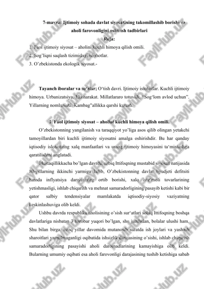 ijtimoiy sohada davlat siyosatining takomillashib borishi va aholi farovonligini oshirish tadbirlari — DOCX