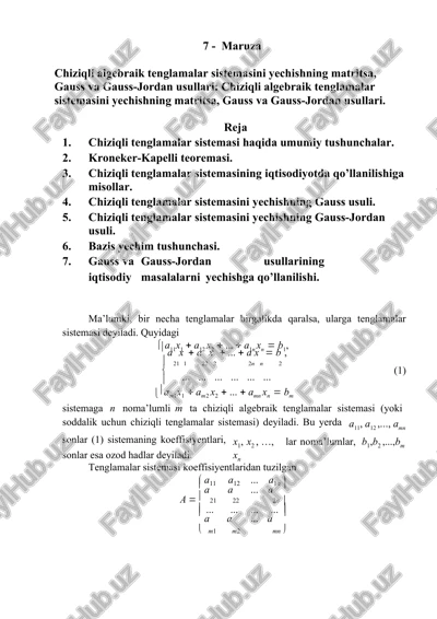chiziqli algebraik tenglamalar sistemasi haqida umumiy tushunchalar — DOCX