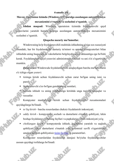 operasion tizimda (windows ot) parolga asoslangan autentifikasiya mexanizmini o‘rnatish va sozlash — DOCX