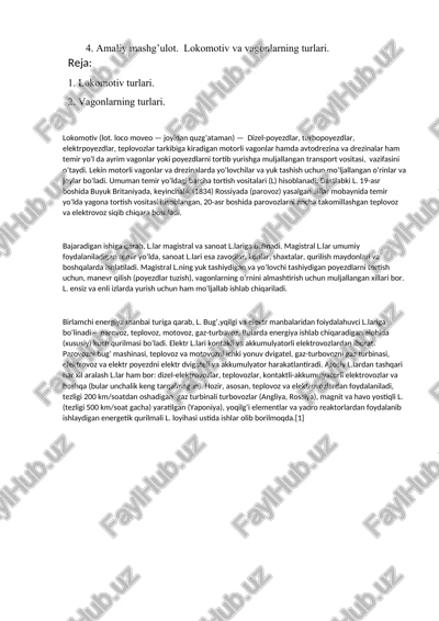 lokomotiv va vagonlarning turlari. — DOCX