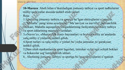 aholi bilan o’tkaziladigan jismoniy tarbiya va sport tadbirlarini milliy qadriyatlar asosida tashkil etish ishlari — PPTX