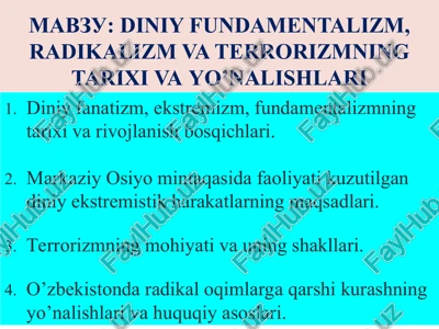 diniy fundamentalizm, radikalizm va terrorizmning tarixi vayo’nalishlari — PPT