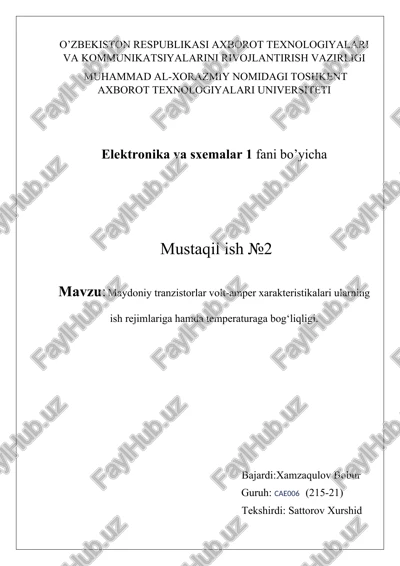 maydoniy tranzistorlar volt-amper xarakteristikalari ularning ish rejimlariga hamda temperaturaga bog‘liqligi — DOCX