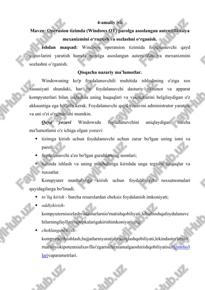 operasion tizimda (windows ot) parolga asoslangan autentifikasiya mexanizmini o‘rnatish va sozlashni o‘rganish — DOCX