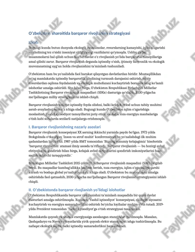 ushbu ilmiy referatda o‘zbekistonning barqaror rivojlanish yo‘lida amalga oshirayotgan islohotlari, ekologik muammolar va ularning yechimlari, hamda kelajak istiqbollari batafsil yoritilgan. — DOCX