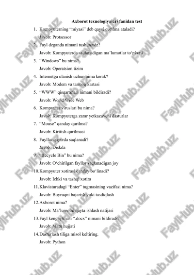 agros test savolari axborot texnolohiyalari — DOCX