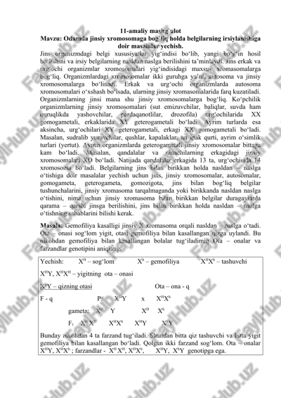 odamda jinsiy xromosomaga bog`liq holda belgilarning irsiylanishiga doir masalalar yechish — DOCX