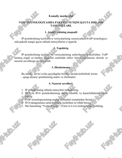 voip texnologiyasida paketli nutqni qayta ishlash tamoyillari — DOCX