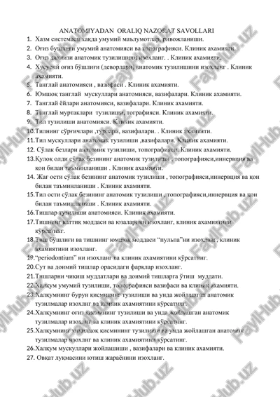anatomiyadan oraliq nazorat savollari — DOCX