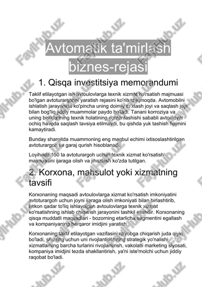 avtomatik ta'mirlash biznes-rejasi — DOCX