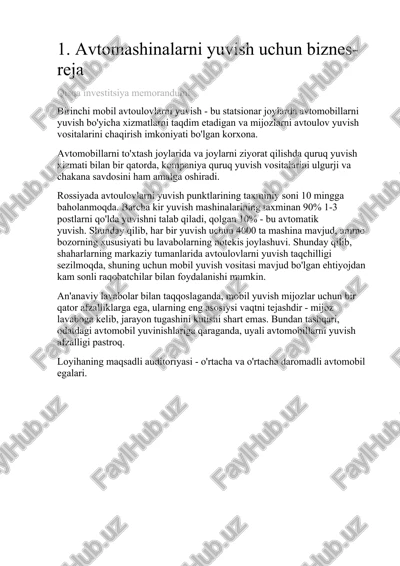 avtomashinalarni yuvish uchun biznes-reja — DOCX