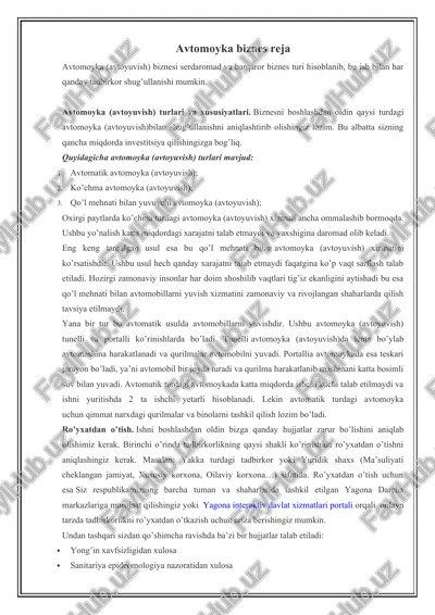 avtomoyka (avtomoyivish) biznes reja — DOCX