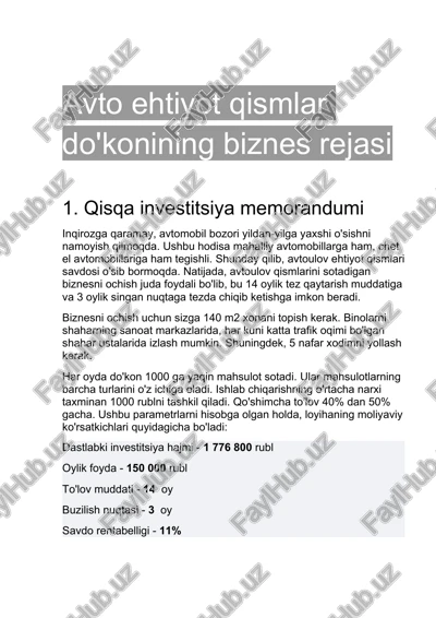 avto ehtiyot qismlar do'konining biznes rejasi — DOCX
