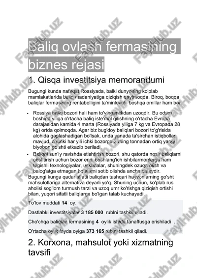 baliq ovlash fermasining biznes rejasi — DOCX