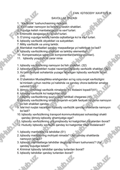 fan: iqtisodiy xavfsizlik savollar bazasi — DOCX