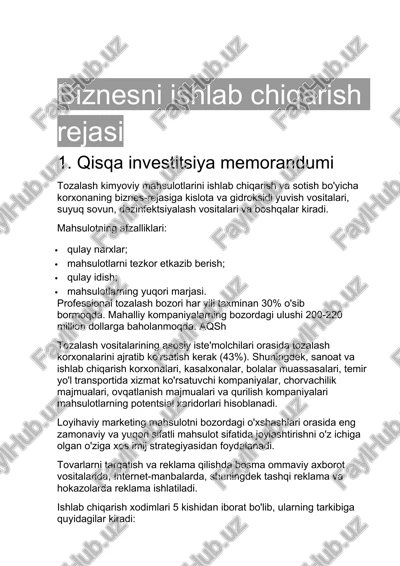 biznesni ishlab chiqarish rejasi — DOCX