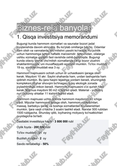 qisqa investitsiya memorandumi — DOCX