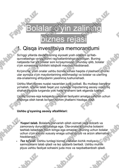 bolalar o'yin zalining biznes rejasi — DOCX