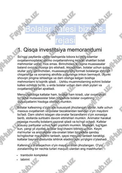 bolalar kafesi biznes-rejasi — DOCX