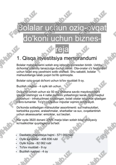 bolalar uchun oziq-ovqat do'koni uchun biznes-reja — DOCX