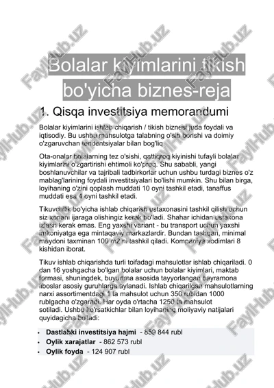 bolalar kiyimlarini tikish bo'yicha biznes-reja — DOCX