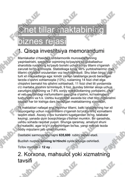 chet tillar maktabining biznes rejasi — DOCX