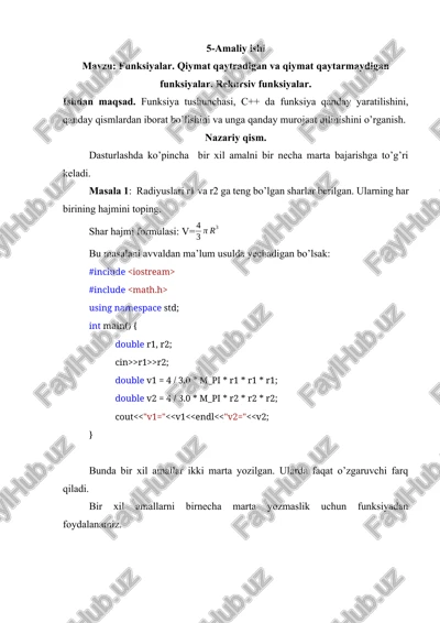 funksiyalar. qiymat qaytradigan va qiymat qaytarmaydigan funksiyalar. rekursiv funksiyalar — DOCX