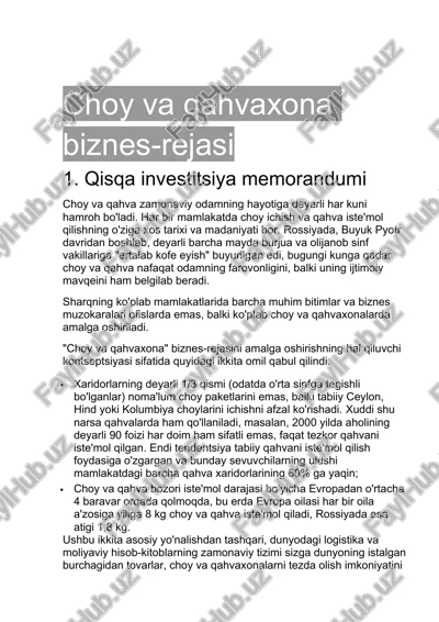 choy va qahvaxona biznes-rejasi — DOCX