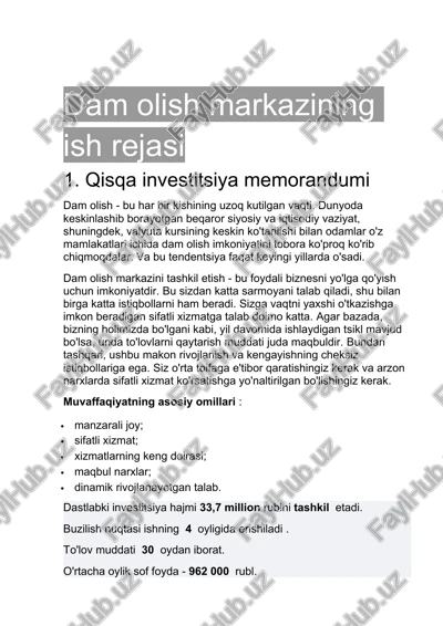 dam olish markazining ish rejasi — DOCX