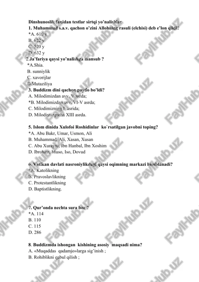 dinshunoslik fanidan testlar sirtqi yo’nalishlar — DOC