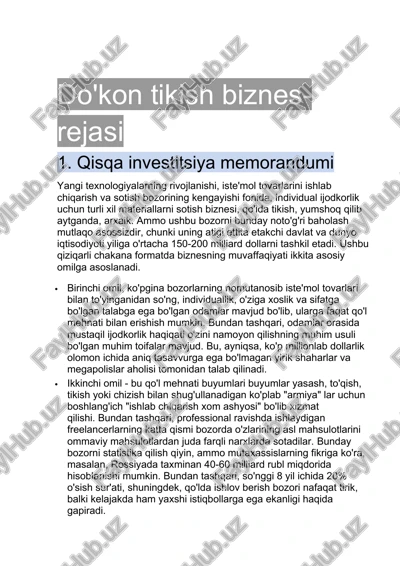 do'kon tikish biznes-rejasi — DOCX