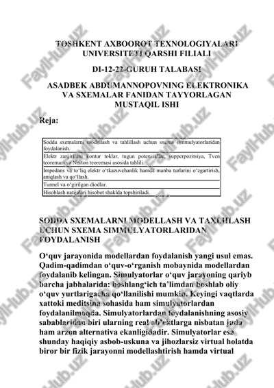 sodda sxemalarni modellash va taxlilash uchun sxema simmulyatorlaridan foydalanish — DOCX