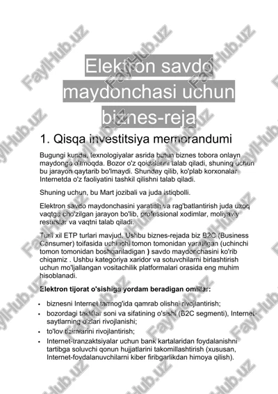 elektron savdo maydonchasi uchun biznes-reja — DOCX