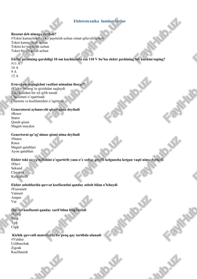 elektrotexnika fanidan testlar — DOCX