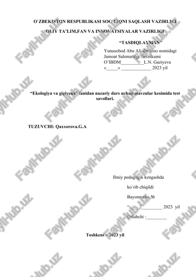 ekologiya va gigiyena fanidan test savollari — DOCX