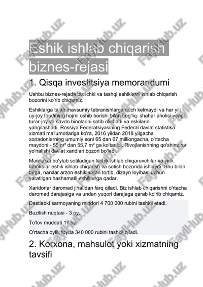 eshik ishlab chiqarish biznes-rejasi — DOCX