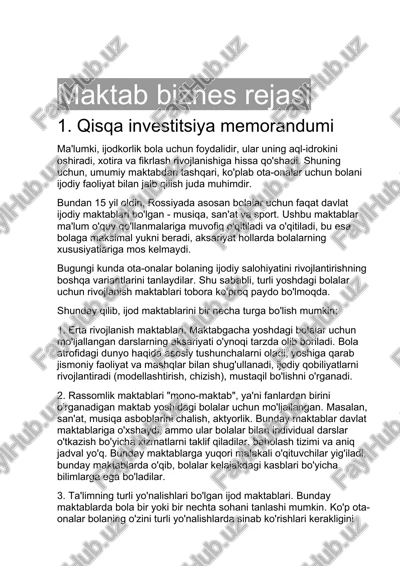 maktab biznes rejasi — DOCX