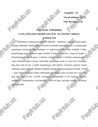 tanlanmani boshlangʻich statistik tahlili — DOCX