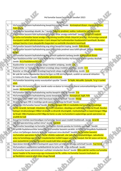 ma’lumotlar bazasi fanidan yn savollari 2023 — DOCX
