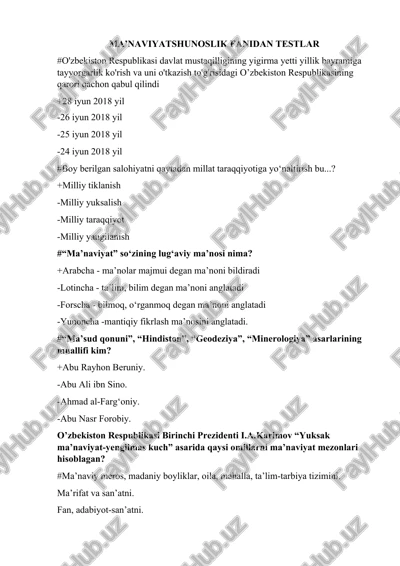 ma’naviyatshunoslik fanidan testlar — DOCX