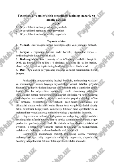 texnologiya va uni o‘qitish metodikasi fanining nazariy va amaliy asoslari — DOCX