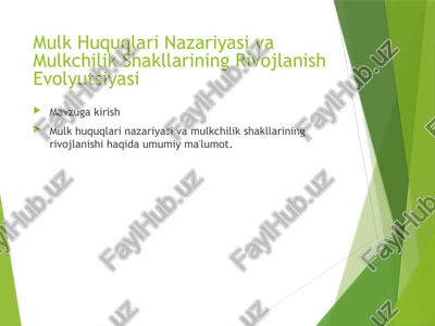 mulk huquqlari nazariyasi va mulkchilik shakllarining rivojlanish evolyutsiyasi — PPTX