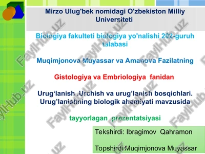 gistologiya va embriologiya fanidan urug‘lanish.urchish va urug’lanish bosqichlari. urug’lanishning biologik ahamiyati mavzusida tayyorlagan prezentatsiyasi — PPT