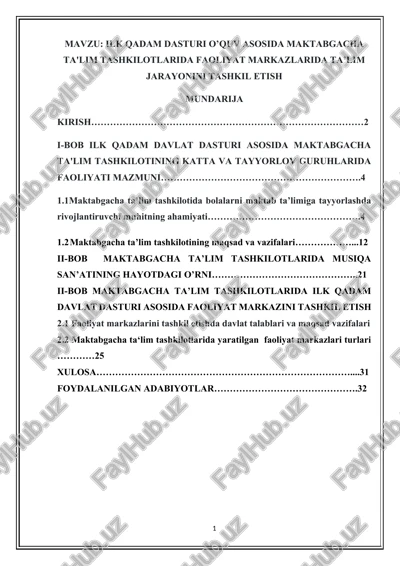 ilk qadam dasturi o'quv asosida maktabgacha ta'lim tashkilotlarida faoliyat markazlarida ta’lim jarayonini tashkil etish — DOCX